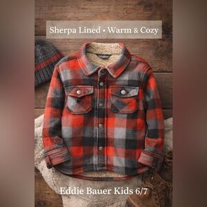 Eddie Bauer Kids Sherpa Lined Plaid Jacket Size 6/7 Red Gray Snap Front Cozy